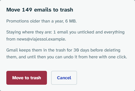The “Move to trash” dialog saying how many emails there are, what stays and that it can be undone for 30 days.