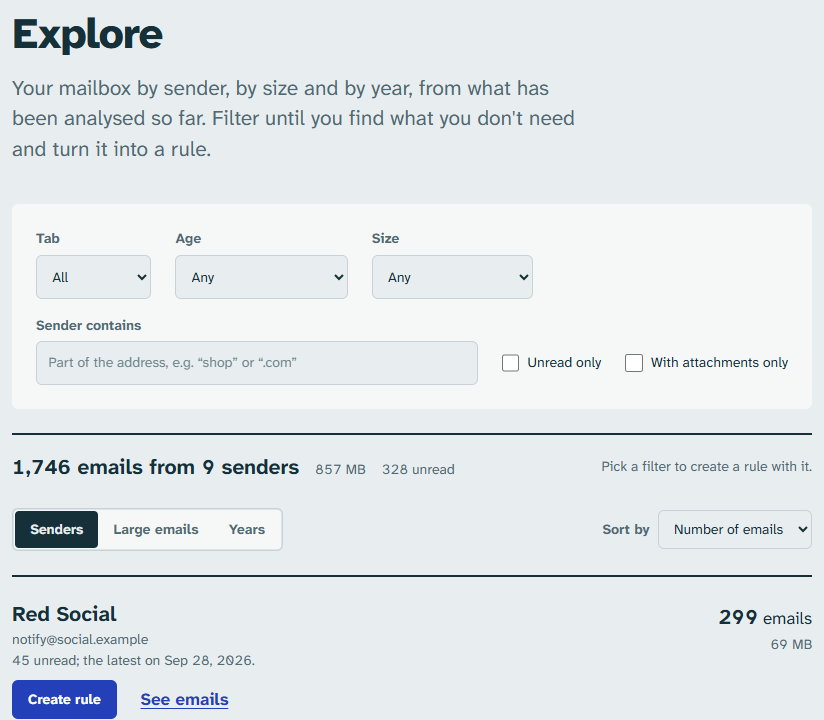 Explore: filters and the list of senders with how many emails and how much space they take.
