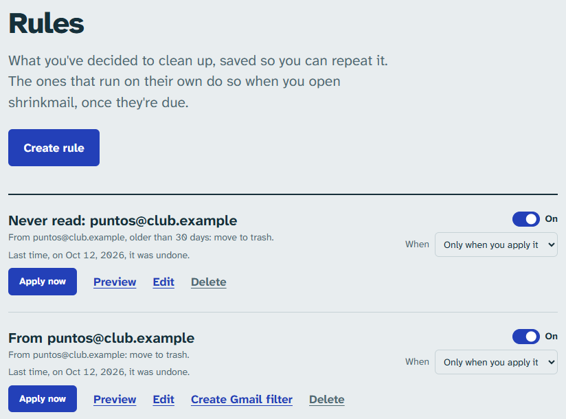 The list of rules, each with its switch, when it runs and the “Apply now” button.