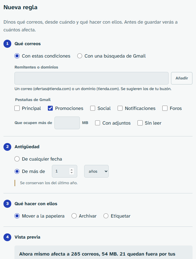 El asistente «Nueva regla» con sus pasos: qué correos, antigüedad y qué hacer con ellos.