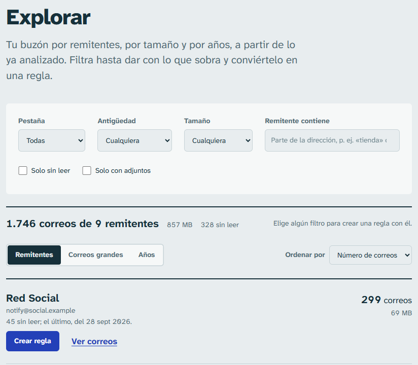 Explorar: filtros y la lista de remitentes con cuántos correos y cuánto ocupan.