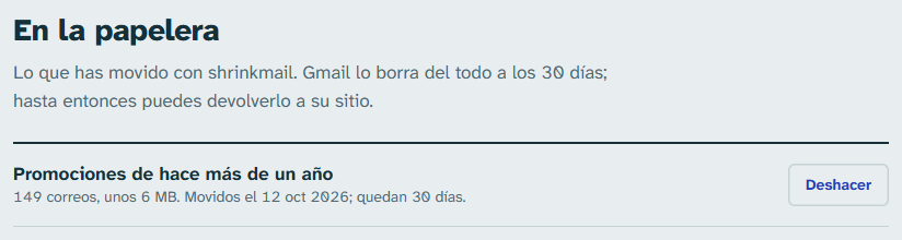 «En la papelera»: lo movido con shrinkmail, los días que quedan y el botón «Deshacer».