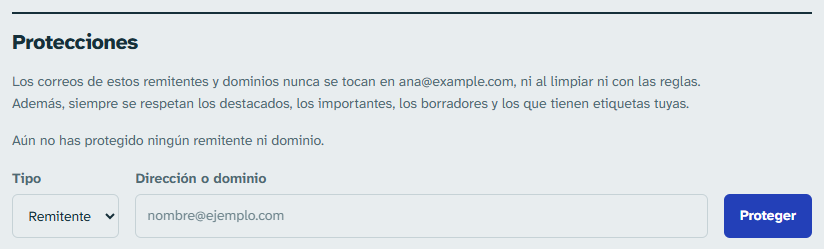 Configuración › Protecciones: remitentes y dominios que nunca se tocan.