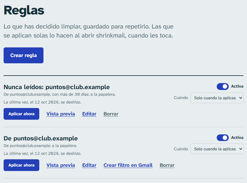 La lista de reglas, cada una con su interruptor, cuándo se aplica y el botón «Aplicar ahora».